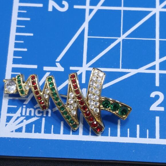 Monet Rhinestone Vintage Christmas Tree Brooch, Gold Plated Pin - Picture 7 of 8
